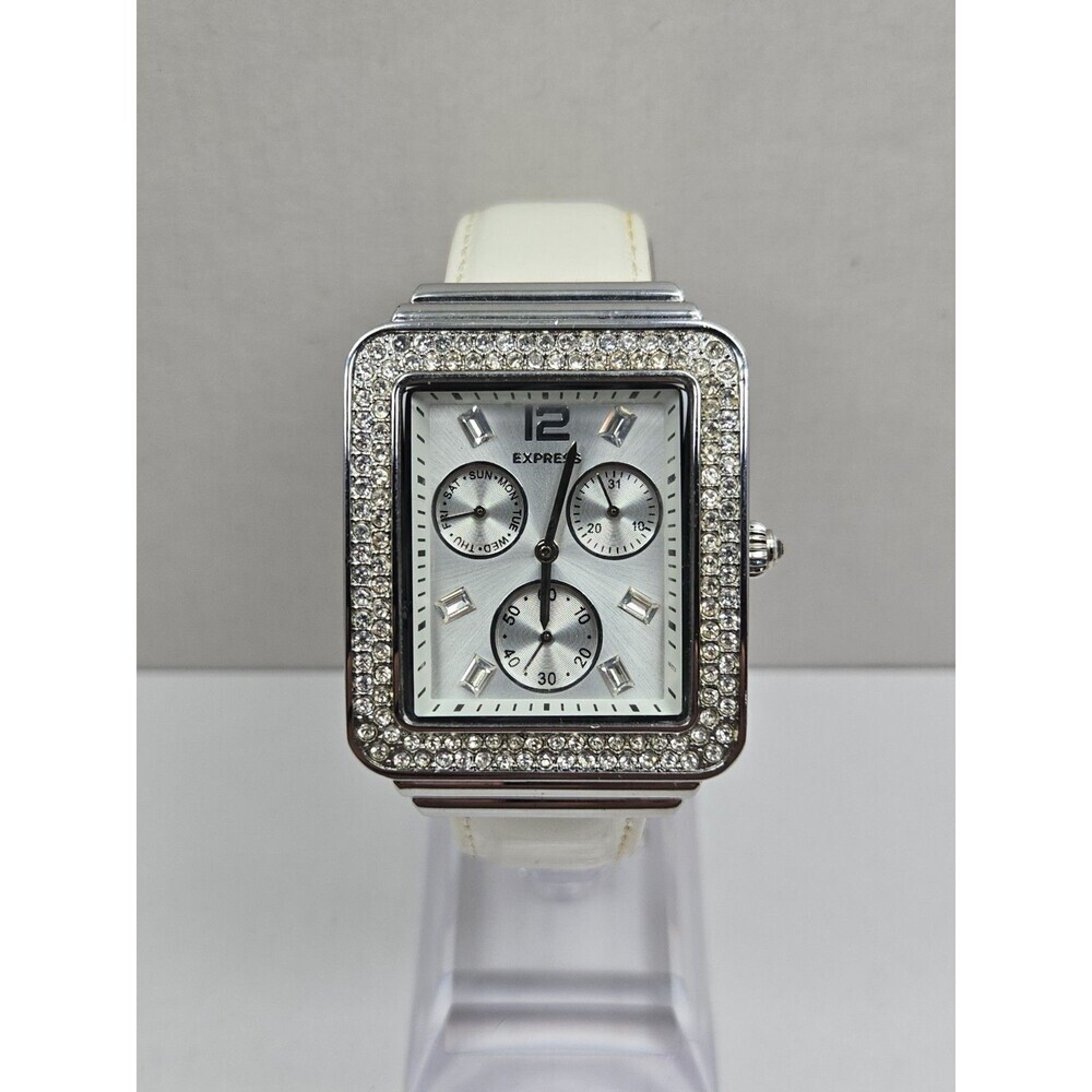 Express Womens Day Date 35mm Watch Rhinestones White Leather Quartz New Battery